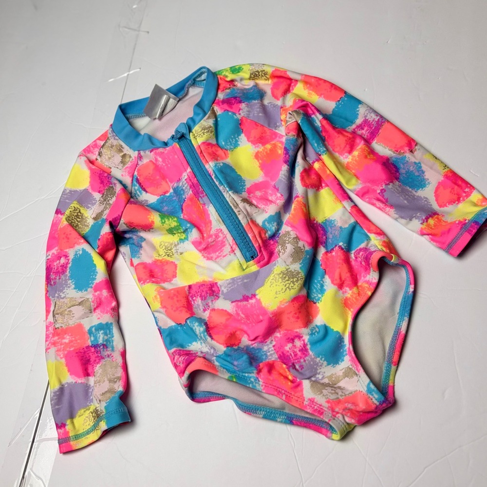 Shellshe Girls 4T Neon Abstract Brushstroke Long Sleeve Rash Guard Swimsuit Swim